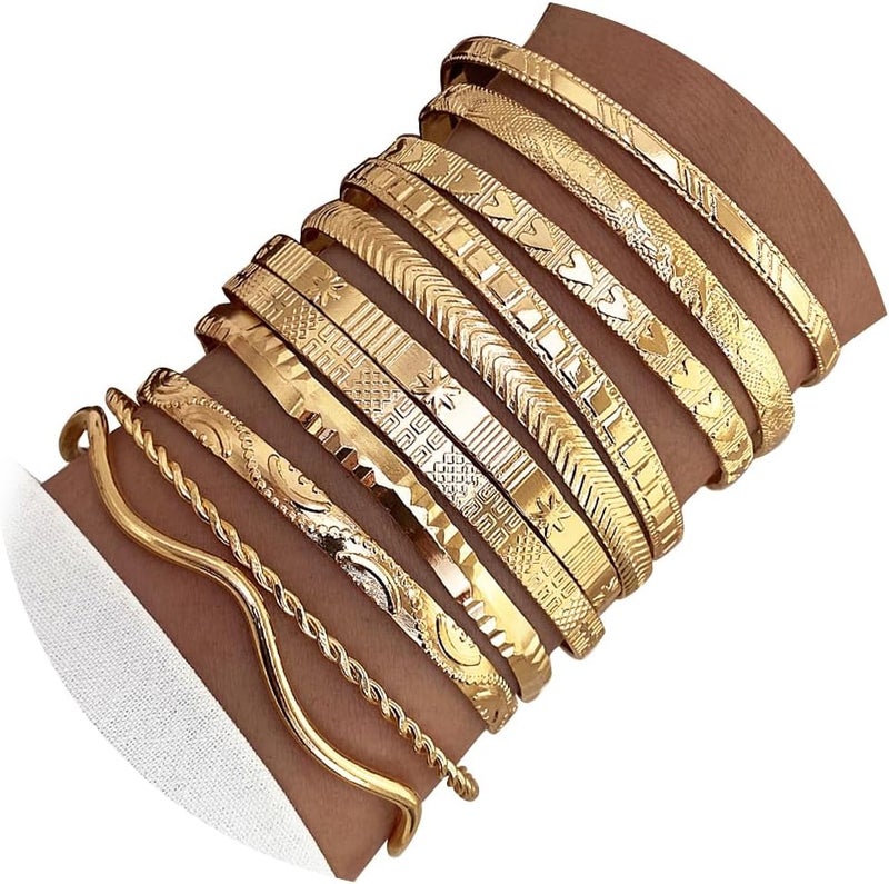 17IF Gold Bangle Bracelet For Women, 14k Multilayer Charm Textured Stackable Bracelets Boho Indian Chunky Cuff Fashion Jewelry Gift - Image 1
